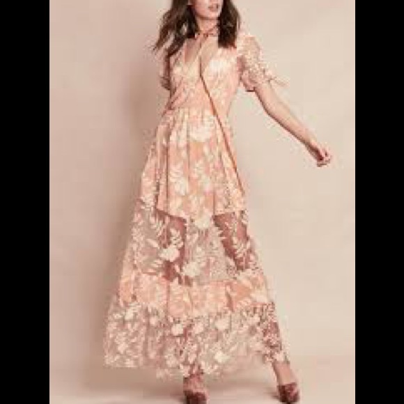 FOR LOVE & LEMONS MIA MAXI DRESS Lace Overlay Sheer Paneled Tie Detail Boho Chic - Picture 3 of 11